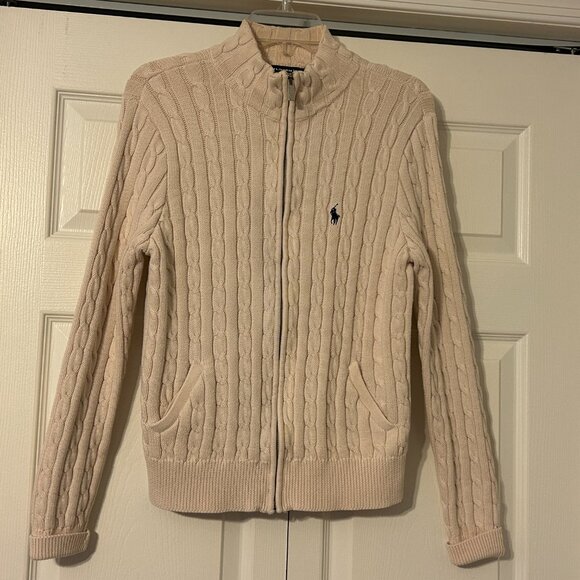 Ralph Lauren Sweaters - RALPH LAUREN Sz XL Cream Cable Knit with Embroidered Logo Zipper Sweater